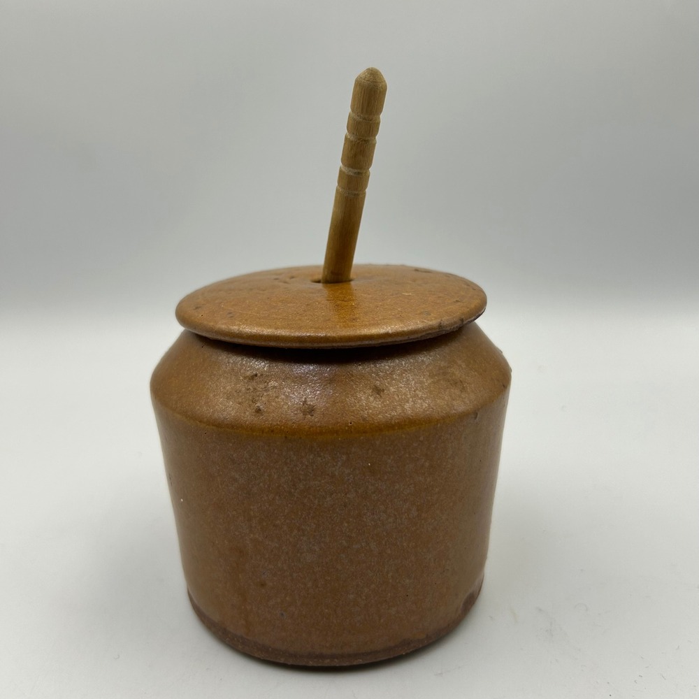 VTG Primitive Honey Pot Studio Pottery Brown Stoneware Dipper Rustic Cottagecore